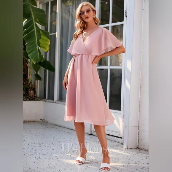 New JJ's House V-Neck Chiffon Lace Up Back Midi Dress in Pink Size Large - Picture 1 of 7